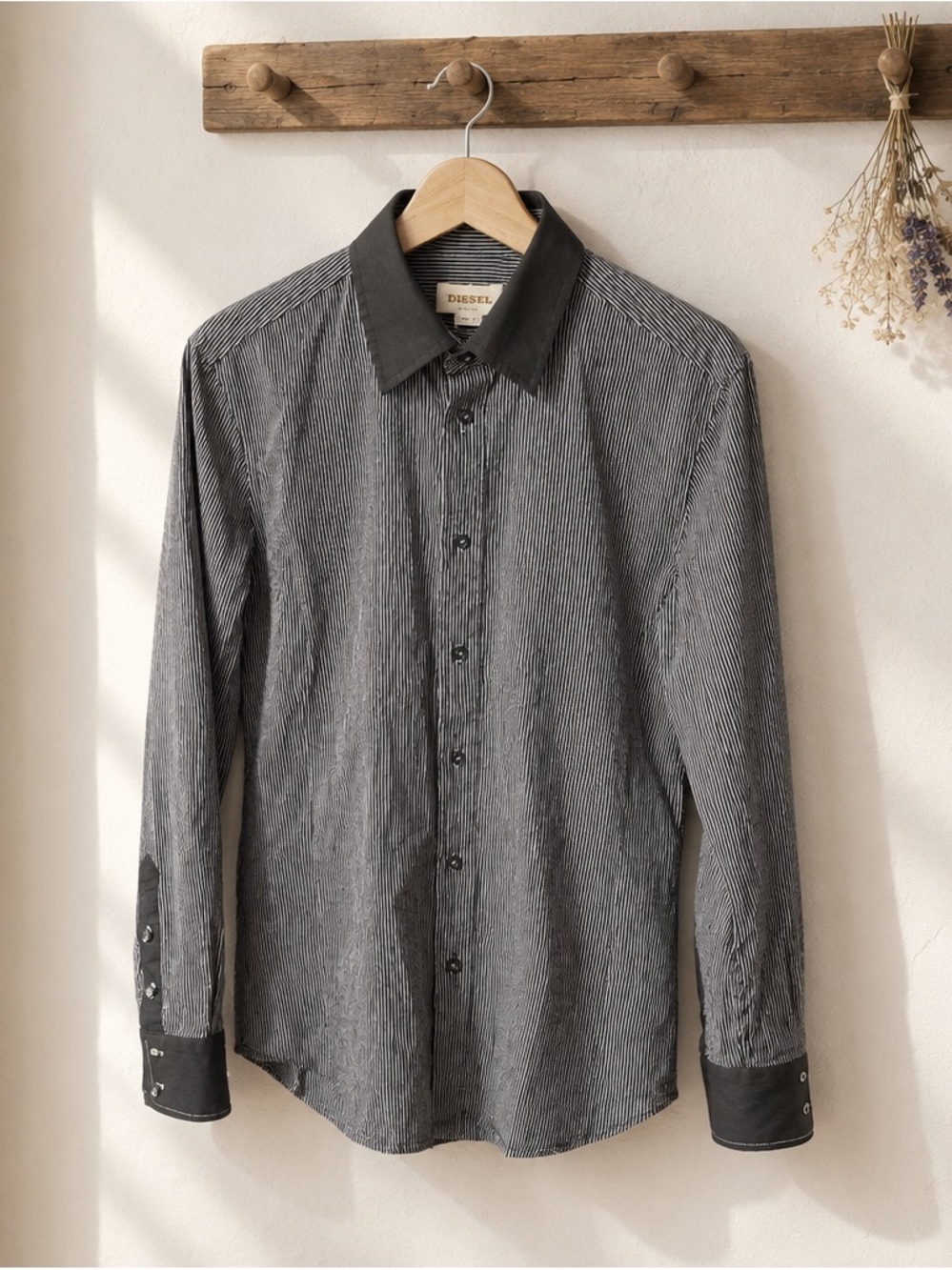 Diesel Black and White Pinstripe Long-Sleeve Button Shirt